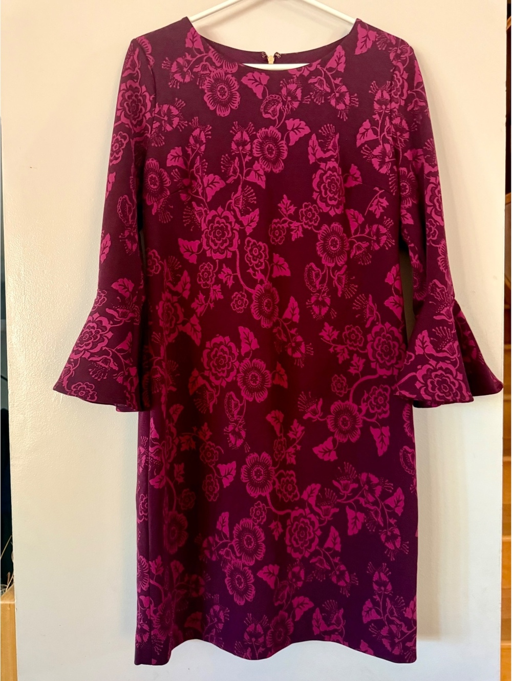 Tommy Hilfiger Burgundy & Pink Floral Jacquard Bell Sleeve Sheath Dress
